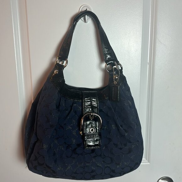 Coach Handbags - Vintage Y2K Coach Jaquard Blue Canvas and Patent leather Lynn Hobo